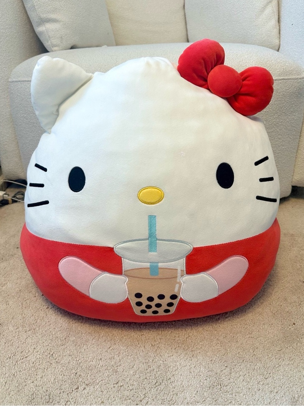 Hello Kitty Plush Squishmallow Style Cushion with Red Bow